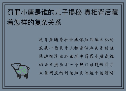 罚罪小唐是谁的儿子揭秘 真相背后藏着怎样的复杂关系 罚罪小唐是谁的儿子揭秘 真相背后藏着怎样的复杂关系
